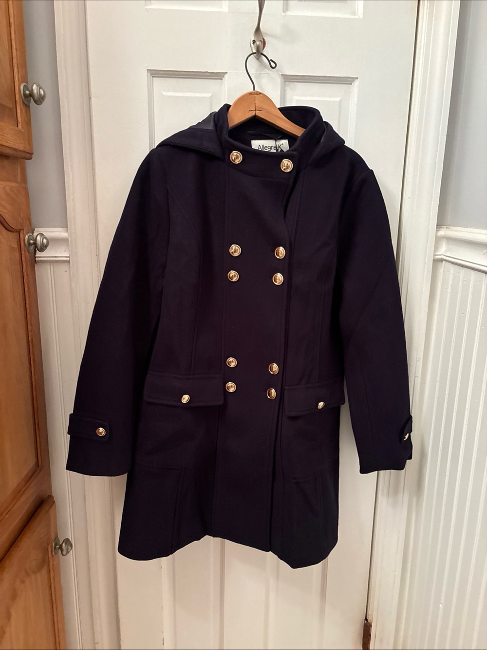 Allegra K Navy Double-Breasted Hooded Pea Coat with Gold Buttons